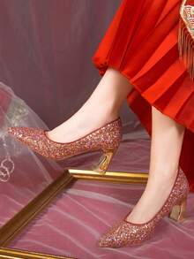 闪亮水钻亮片时尚性感红色高跟一脚蹬鞋，女士厚底粗跟尖头细高跟优雅银色鞋 - 紅色 - 查看 8