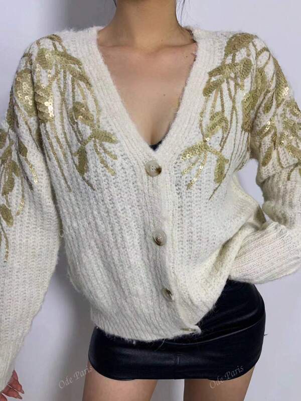 Cardigã bordado de lantejoulas com decote em V – a combinação perfeita de feminilidade e elegância