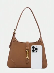 1pc Vintage Minimalist Hook Closure Angola Red Suede Crescent Bag With Adjustable Shoulder Strap, Suitable For Dating, Outing And Party - Brown - View 4