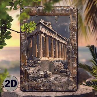 1pc Ancient Greek Mythology Parthenon Relief Metal Wall Art Set, 8x12 Inch Classical Architecture Decor With Pre-Drilled Holes, Vintage High-Definition Metal Plaque For Home And Bathroom, Random Style