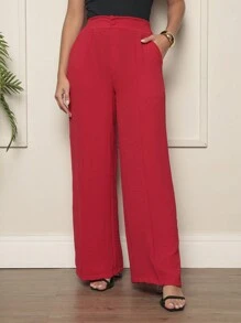 Duna Fabric Wide Leg Pants With Button Blogger Elastic Social Pants - Merah - View 3