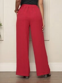Duna Fabric Wide Leg Pants With Button Blogger Elastic Social Pants - Merah - View 5