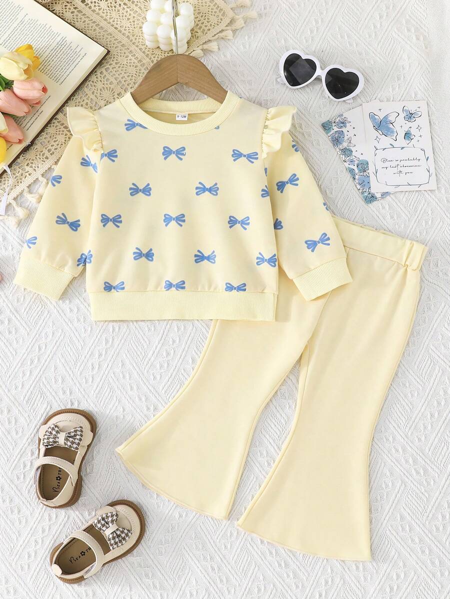 2pcs Baby Girls Cute Fashion Casual Butterfly Print Round Neck Puff Sleeve Sweatshirt Top And Solid Color Flare Pants Set, Spring/Autumn - Apricot - View 1