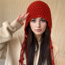 1 chiếc mũ len dệt kim tua rua Boho màu đỏ thêu hoa rỗng mũ du lịch in họa tiết Boho thêu hoa cho nữ mũ len Giáng sinh mùa đông - Đỏ - Xem 7
