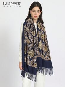 1pc Elegant Retro Embroidery Pattern Scarf, Autumn/Winter - Navy - View 1