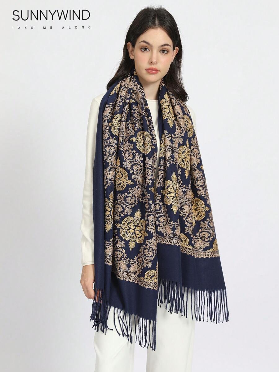 1pc Elegant Retro Embroidery Pattern Scarf, Autumn/Winter - Navy - View 1