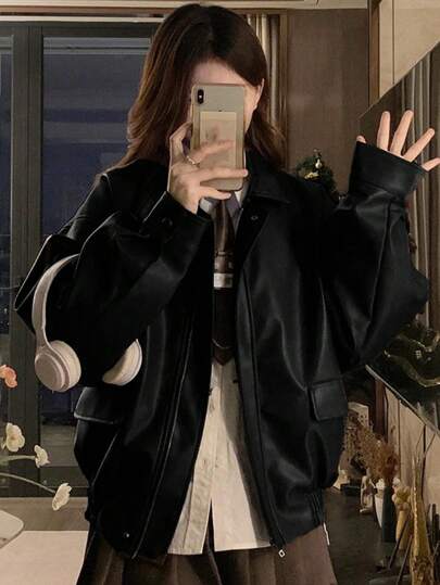 梅拉德女士宽松休闲皮夹克，适合矮个子，秋冬季