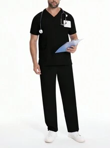 Men's Short Sleeve Work Uniform, Lab Coat, Veterinary/Grooming Service Breathable Outfits With Pockets