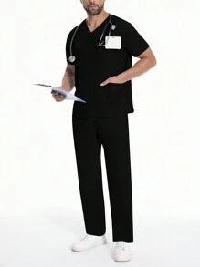 Men's Short Sleeve Work Uniform, Lab Coat, Veterinary/Grooming Service Breathable Outfits With Pockets