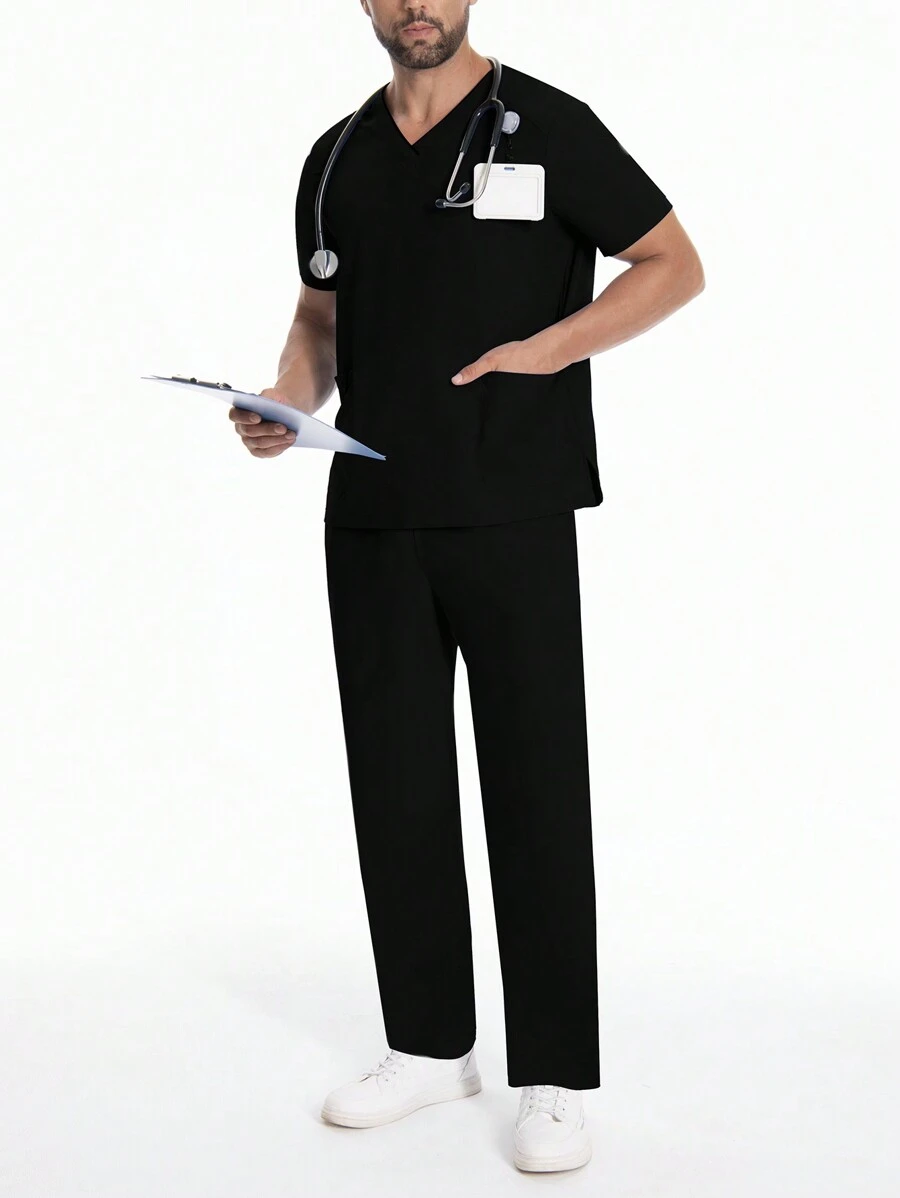 Men's Short Sleeve Work Uniform, Lab Coat, Veterinary/Grooming Service Breathable Outfits With Pockets