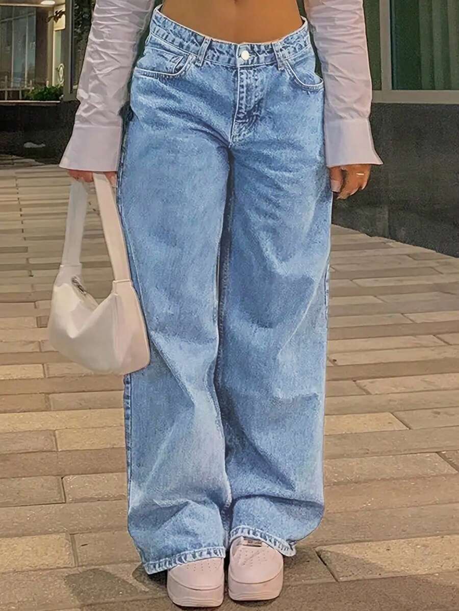 Chicsale Solid Color Casual Fashion Inelastic Jeans, Sexy Straight Pants-Diagonal Pocket Jeans, Women's Wear - Blue - View 1