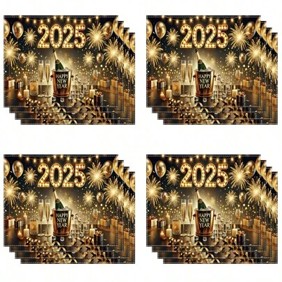 4/6 件装 2025 年新年快乐餐垫涤纶背景适用于一般场合、节日室内派对装饰、厨房用餐派对