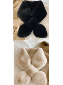 1/2pcs Women Snood Winter Solid Color Basic Neck Warmer Plush Scarf, Elegant Rabbit Fur Collar Cross Scarf, Soft And Warm Furry Scarf