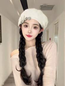 帽子假发一体兔毛秋冬显脸小2024秋冬新款贝雷帽艺术家帽子假发女款 - 白色 - 查看 5