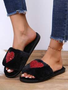 Women's New Spring & Autumn Heart Pattern Soft Open-Toe Low Heel Flat House Slippers, Fashionable Indoor Slippers