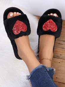 Women's New Spring & Autumn Heart Pattern Soft Open-Toe Low Heel Flat House Slippers, Fashionable Indoor Slippers