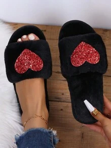 Women's New Spring & Autumn Heart Pattern Soft Open-Toe Low Heel Flat House Slippers, Fashionable Indoor Slippers