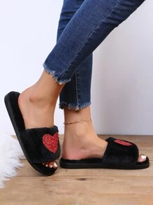 Women's New Spring & Autumn Heart Pattern Soft Open-Toe Low Heel Flat House Slippers, Fashionable Indoor Slippers