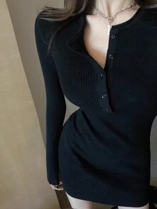 女士针织紧身中长连衣裙，秋冬