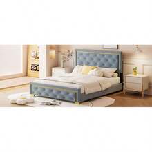 Queen Size Upholstered Platform Bed With Pull Point Headboard And Metal Wire Frame At The Head And Foot Of The Bed Metal Feet Velvet Gray