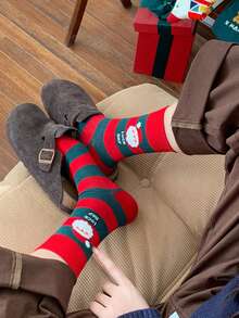 1 双女式圣诞老人条纹卡通图案圣诞可爱甜美舒适时尚假日休闲中筒袜，适合圣诞节装扮 - 彩色 - 查看 3