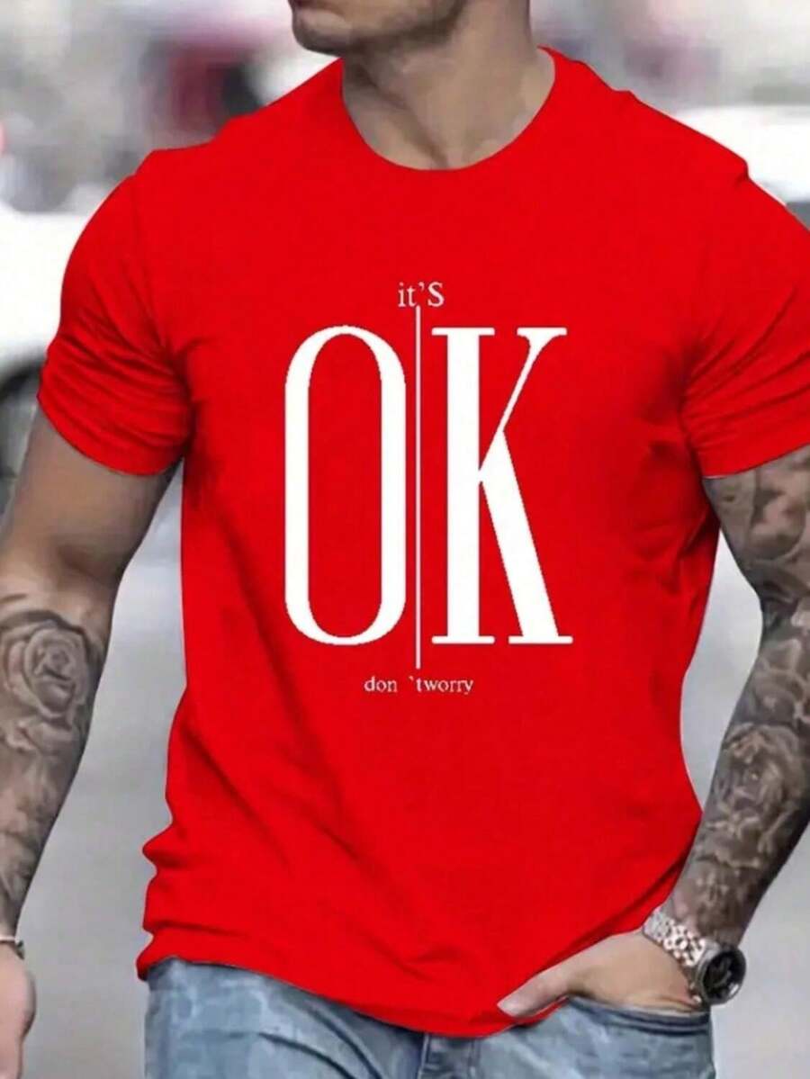 Unisex Premium Cotton Short Sleeve Oversized Shirt OK - 紅色 - 查看 1