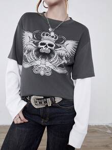 Y2K Grunge 女式时尚街头服饰 Y2K 风格时尚天使骷髅图案长袖圆领 T 恤上衣 - 彩色 - 查看 4
