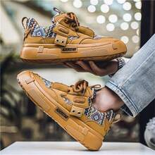 Giày trượt ván nam - Giày thể thao thường ngày buộc dây cổ thấp, Giày thể thao PU mũi tròn, Lớp lót bằng vải, Đế ngoài chống trượt chống mài mòn, Đế trong bằng vải, Phù hợp với trang phục thể thao thường ngày - Màu vàng - Xem 5