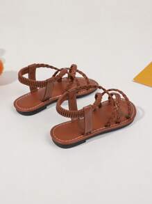 女童圆头低帮 PU 凉鞋 - 透气轻便镂空凉鞋，适合度假海滩、夏季 - 适合 14 岁及以下的可爱学院风经典款式 - 棕色 - 查看 6