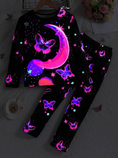 Conjunto de pijama de manga larga con mariposa luminosa de dibujos animados para niñas, ropa de dormir cómoda que brilla bajo luz UV (Primavera/Otoño)