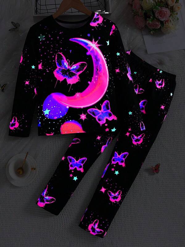 Ensemble de pyjama à manches longues avec papillon lumineux et dessin animé pour filles, vêtements de nuit confortables, brille sous lumière UV (printemps/automne)