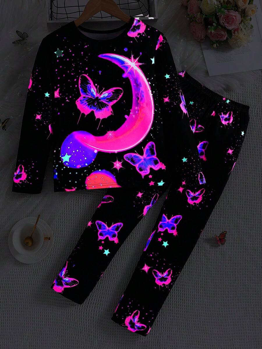 Girls Luminous Cartoon Butterfly Long Sleeve Pajama Set, Comfortable Sleepwear, Glows Under UV Light (Spring/Autumn)