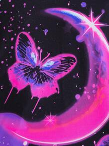 Girls Luminous Cartoon Butterfly Long Sleeve Pajama Set, Comfortable Sleepwear, Glows Under UV Light (Spring/Autumn)