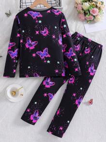 Girls Luminous Cartoon Butterfly Long Sleeve Pajama Set, Comfortable Sleepwear, Glows Under UV Light (Spring/Autumn)