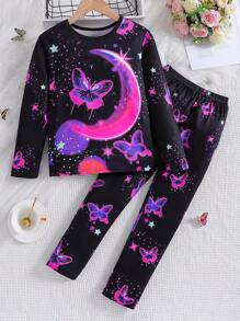 Girls Luminous Cartoon Butterfly Long Sleeve Pajama Set, Comfortable Sleepwear, Glows Under UV Light (Spring/Autumn)