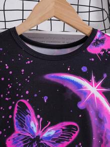 Girls Luminous Cartoon Butterfly Long Sleeve Pajama Set, Comfortable Sleepwear, Glows Under UV Light (Spring/Autumn)