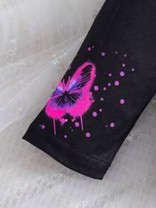 Girls Luminous Cartoon Butterfly Long Sleeve Pajama Set, Comfortable Sleepwear, Glows Under UV Light (Spring/Autumn)