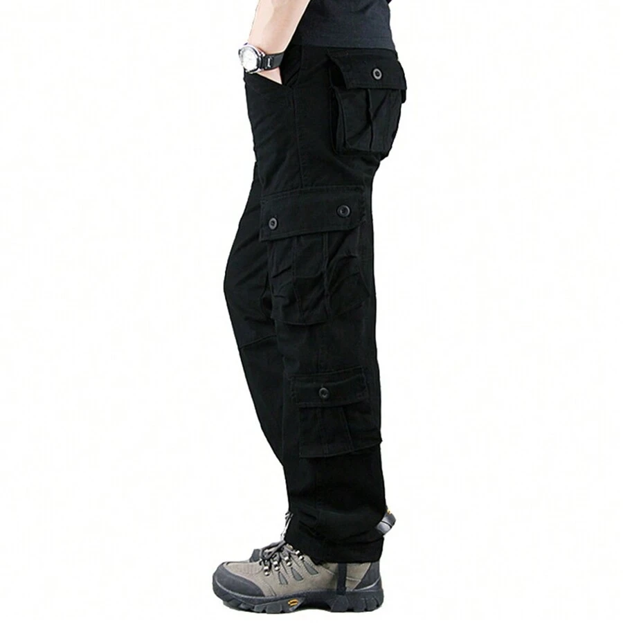 100% Cotton 8 Pockets Solid Color Cargo Pants For Men - Ultra Breathable, Comfy, And Practical Outdoor Pants With Multi Pockets For Hiking, Trekking, Traveling, And Casual Wear - Durable, Water-Resistant, And Quick-Drying - 黑色 - 查看 1