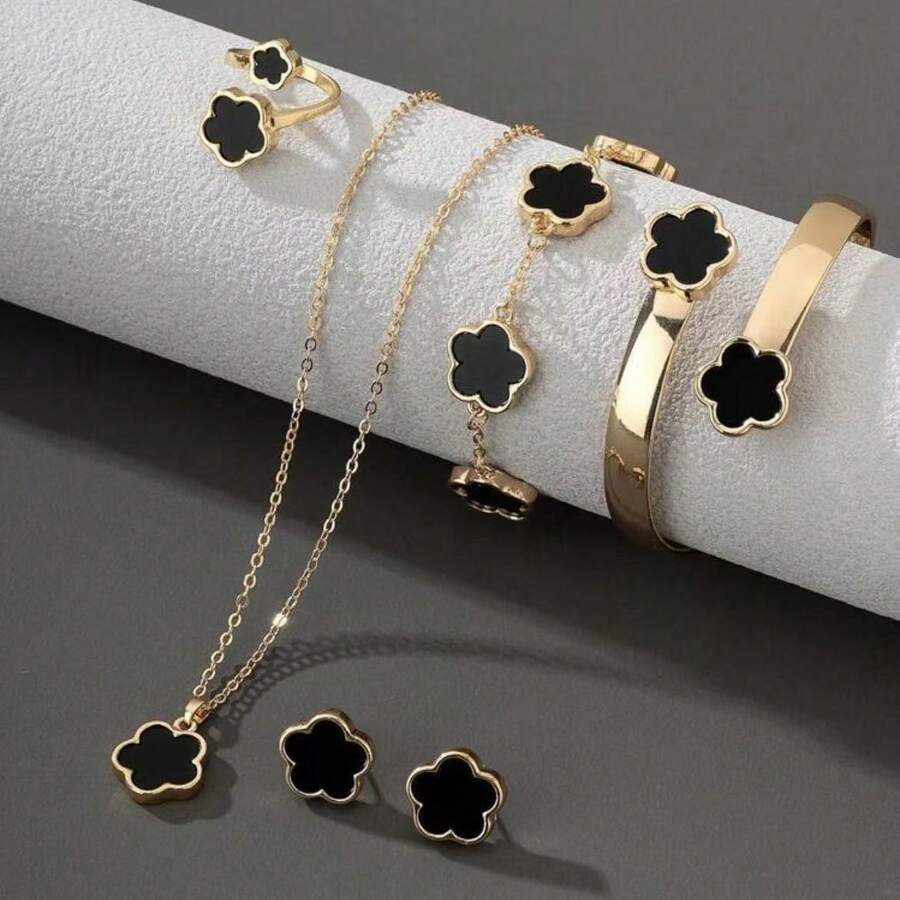 5pcs Women's Fashion Jewelry Set, Zinc Alloy, Simple Elegant Design, Necklace, Earrings, Ring, Bracelet, Anklet, Perfect For Birthday, Christmas, Festive Occasions - As Shown - View 1