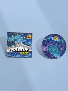 2枚艺术珐琅彩绘胸针，创意卡通星空梵高金属翻领别针，背包装饰，送朋友的礼物 - 彩色 - 查看 6
