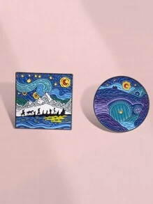 2枚艺术珐琅彩绘胸针，创意卡通星空梵高金属翻领别针，背包装饰，送朋友的礼物 - 彩色 - 查看 5
