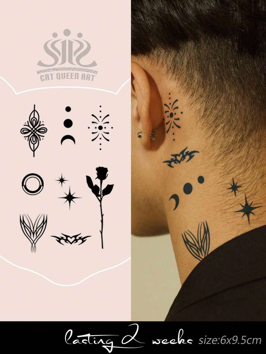 1 件草本汁半永久性手指纹身，玫瑰、新月、星光图案，节日礼物，7-14 天不褪色，不反光临时纹身贴纸，适用于手指、耳朵、肩膀、颈部、锁骨 - 藍色 - 查看 1