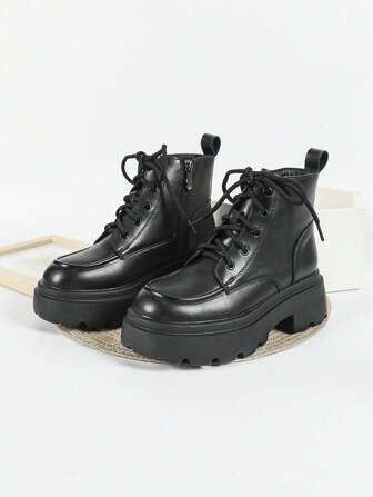 女士黑色踝靴和短靴，防水厚底粗跟，侧拉链，皮革系带靴，舒适时尚