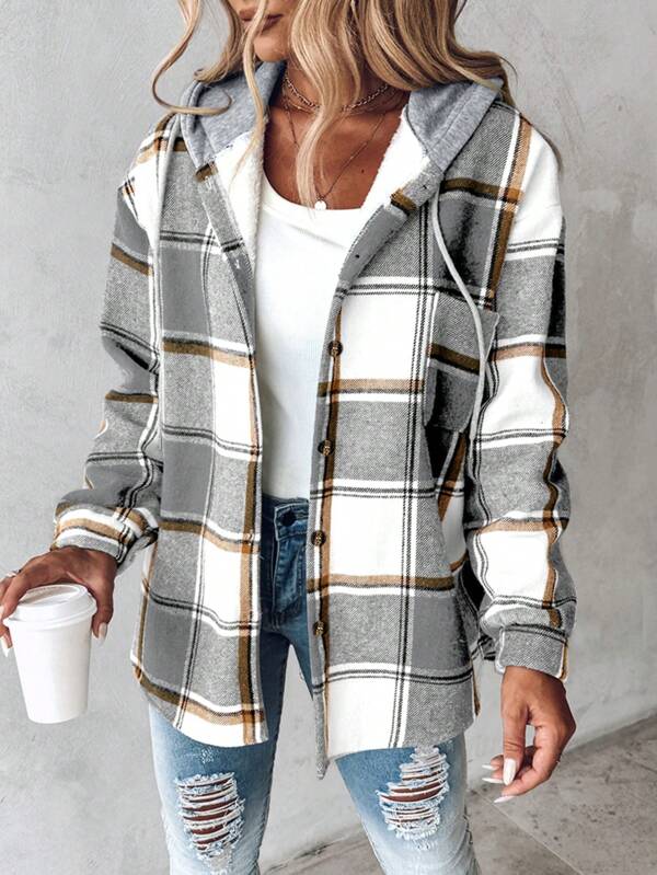 ChicMe Plaid Print Buttoned Hooded Shacket