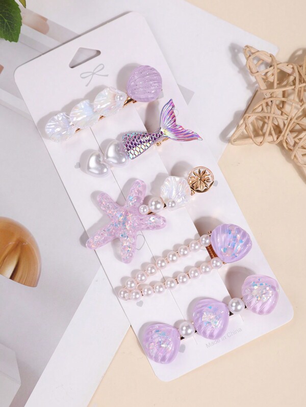 5 قطع مشابك شعر مزيفة بتصميم نجمة وذيل سمكة من اللؤلؤ الاصطناعي