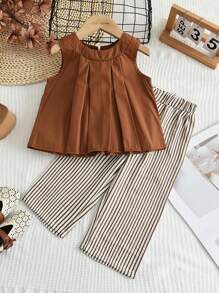 2pcs Young Girls Casual Striped Tank Top And Pants Set, Summer