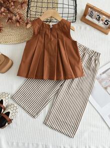 2pcs Young Girls Casual Striped Tank Top And Pants Set, Summer