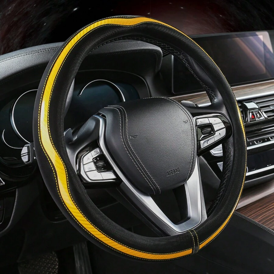 皮革和碳纤维图案汽车方向盘套 - 适用于各种汽车，耐用皮革套带防滑衬里，适用于直径为 14.5 英寸 - 15 英寸的方向盘 - 均碼 - 查看 1
