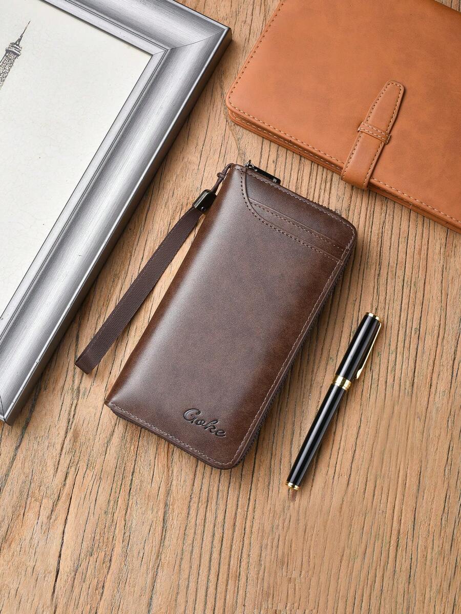 GOKE 新款时尚长款男士商务钱包经典时尚个性高端多卡位学生拉链钱包时尚圣诞礼物感恩节复古礼物男士腕带钥匙扣钱包 - 咖啡棕 - 查看 1