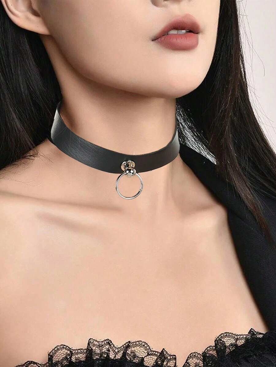极简主义朋克风格女士颈链，铁环仿皮项圈，性感内衣背带配饰 - 黑色 - 查看 1